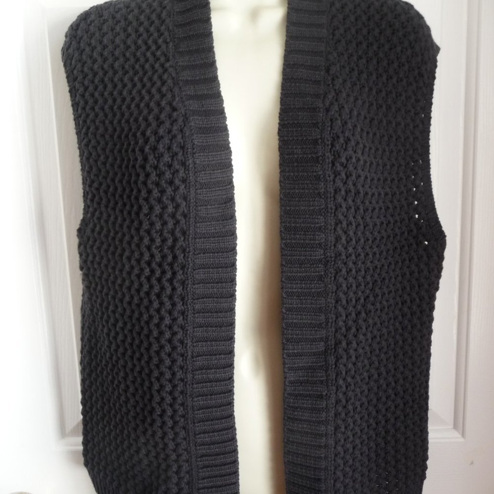 Ann Taylor LOFT M Sweater Vest Dark Grey Open Front 100% Cotton Heavy Knit